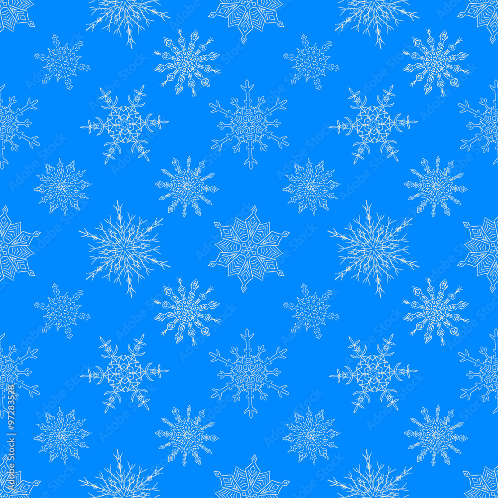 Seamless Christmas blue pattern with drawn snowflakes