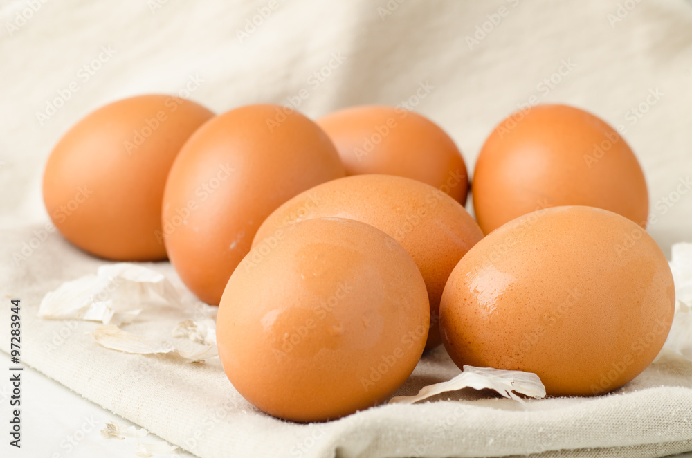 Fresh eggs on fabric background Fresh eggs on fabric background