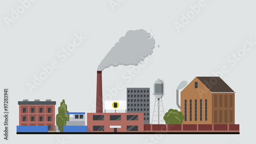 Flat style factory animation reveal. Pollutive heavy industry plant factory manufacture buildings production business process. Eco atmosphere pollution chimney animated smoke concept
 photo