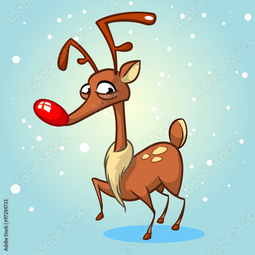 Christmas reindeer in santa hat vector illustration on snowy background