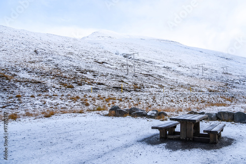 Outdoor dining furniture and winter landscape