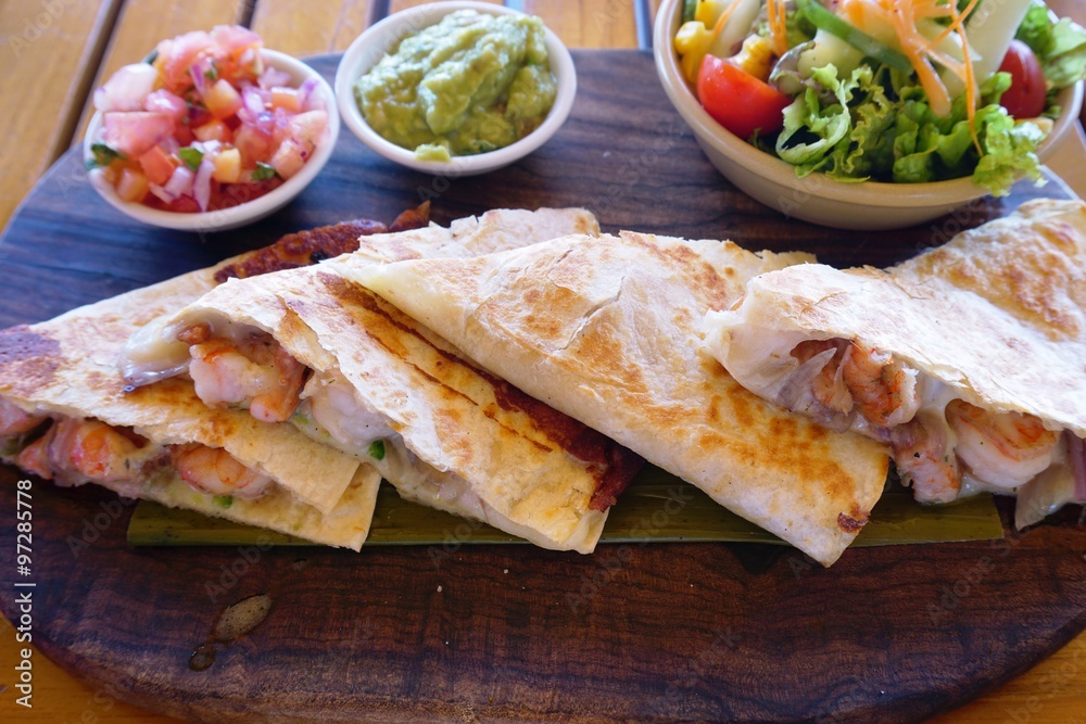 Shrimp quesadillas with guacamole and pico de gallo Shrimp quesadillas with guacamole and pico de gallo