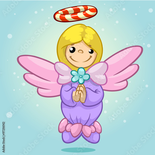 Vector illustration cute Christmas flying angel character with candy nimbus