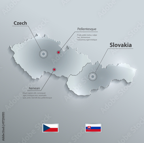 Czech Slovakia map flag glass card paper 3D vector Czechoslovakia separate maps