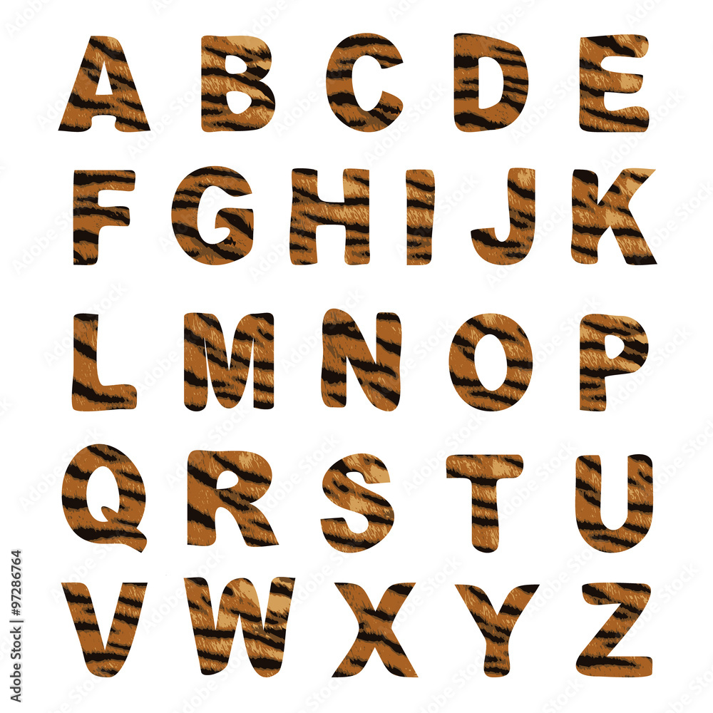 Trendy alphabet set, tiger pattern design, vector Trendy alphabet set, tiger pattern design, vector