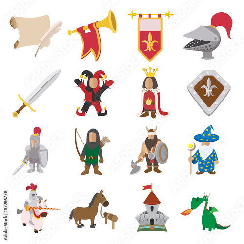 Medieval cartoon icons set