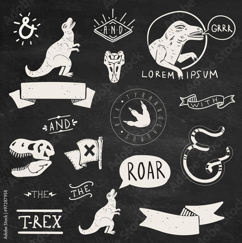 Collection of Tyrannosaurus Rex design elements and labels