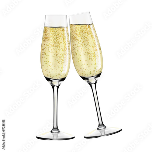 Two glasses of champagne. Merry Christmas and Happy New Year concept. Vector Illustration