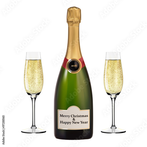 Bottle of Champagne and two glasses. Merry Christmas and Happy New Year. Vector Illustration