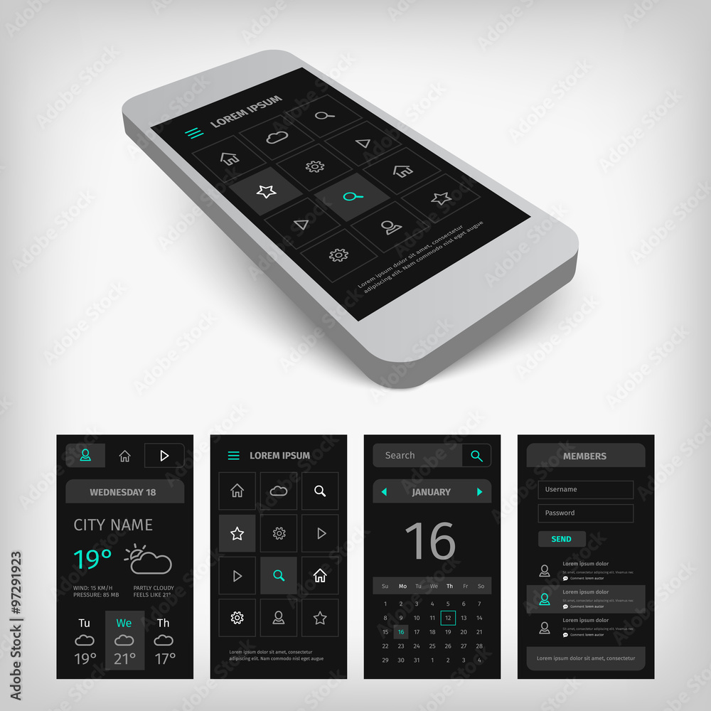 Set of black smartphone mobile user aplication interface. Set of black smartphone mobile user aplication interface.