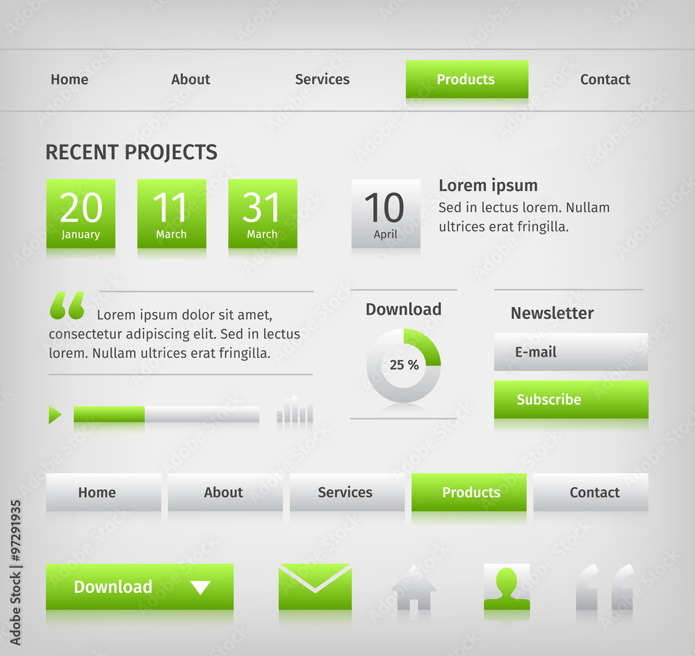 Web site design elements with green buttons hover.