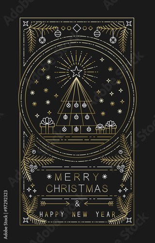 Merry Christmas New Year gold outline xmas tree
