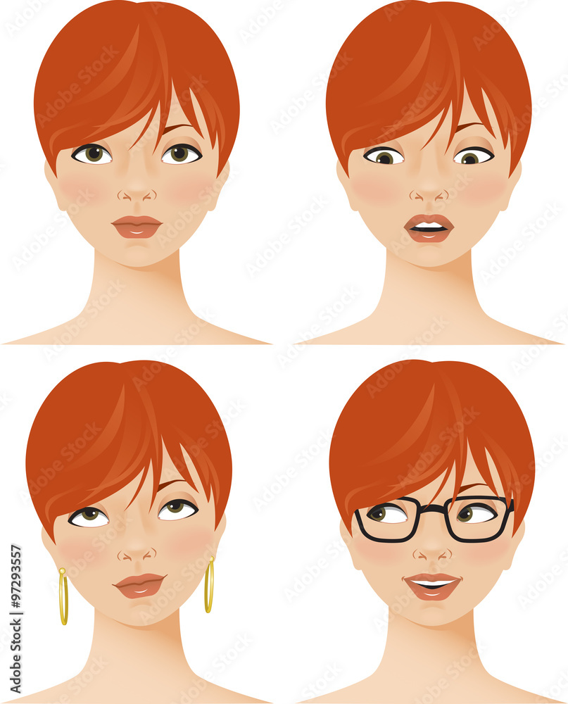 Young woman displaying four different facial expressions or emotions, including fear or surprise, boredom, and pleasure. Young woman displaying four different facial expressions or emotions, including fear or surprise, boredom, and pleasure.