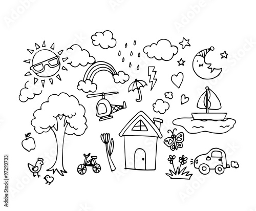 Vector set of Hand drawn sketch doodles in children or baby draw concept