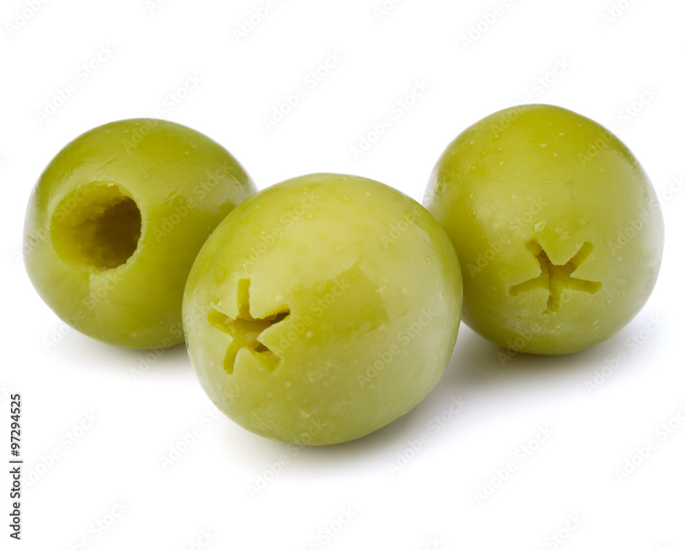 Obraz premium Green olives fruits isolated on white background cutout