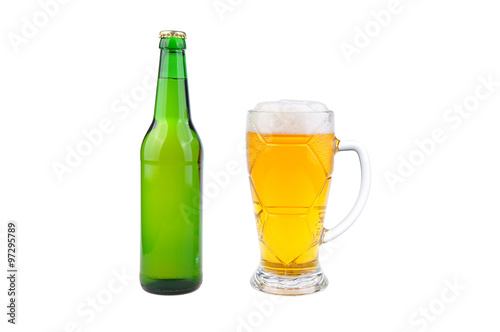 Glass, pint and bottles of beer isolated
