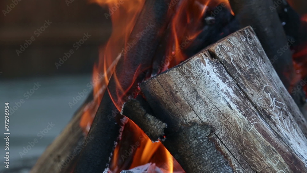 Close up of burning wood in a fire pit in slow motion (50% speed).