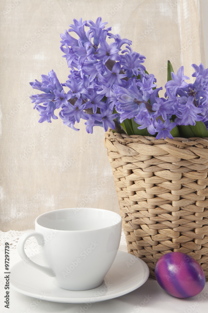 Bouquet of purple hyacinths in a vase on the table Bouquet of purple hyacinths in a vase on the table
