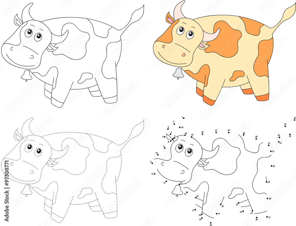 Fototapeta premium Cartoon cow. Vector illustration. Dot to dot game for kids