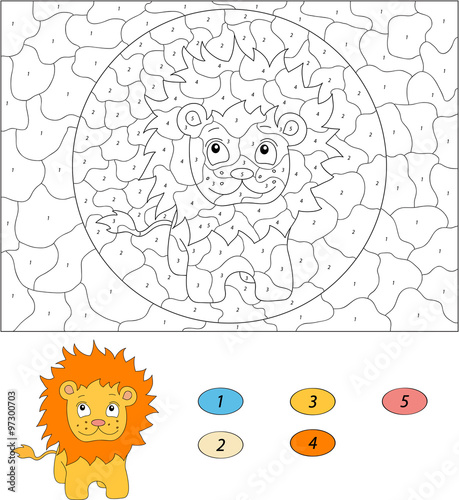 Color by number educational game for kids. Funny cartoon lion. V