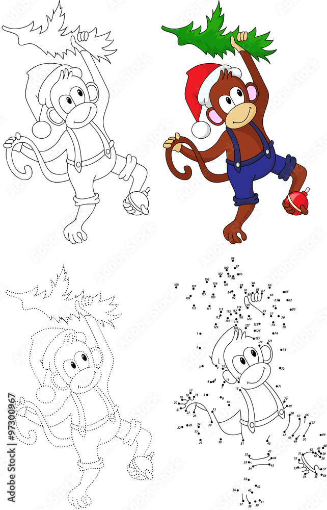 Cartoon Christmas monkey. Vector illustration. Dot to dot game f Cartoon Christmas monkey. Vector illustration. Dot to dot game f