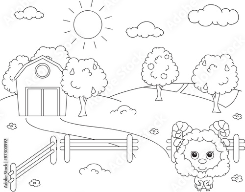 Rural landscape with barn, corral, fields and fruit trees and sh