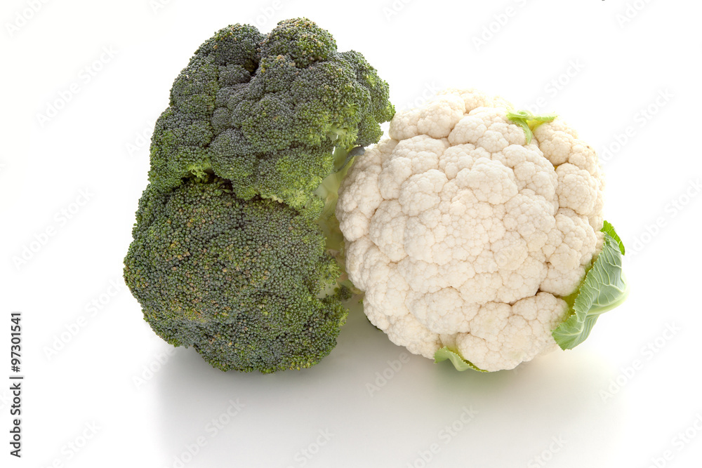 Broccoli and cauliflower on a white background Broccoli and cauliflower on a white background