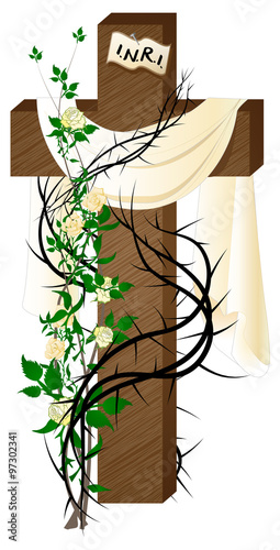 Vintage Easter empty cross with white cloth, white roses and thorns