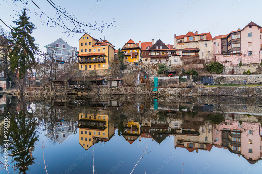 Tradicional colorful houses in Cesky krumlov reflected in the river