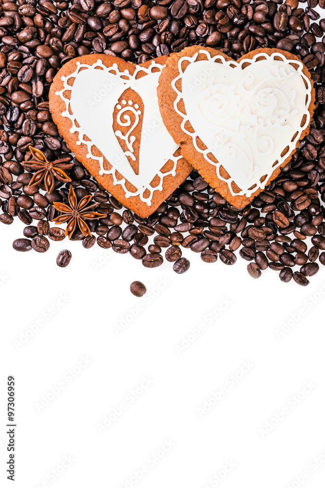 Gingerbread heart on  coffee beans background.