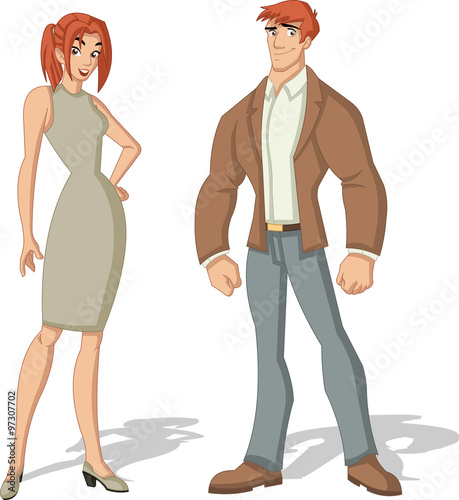 Beautiful young couple. Cartoon redhead people.
