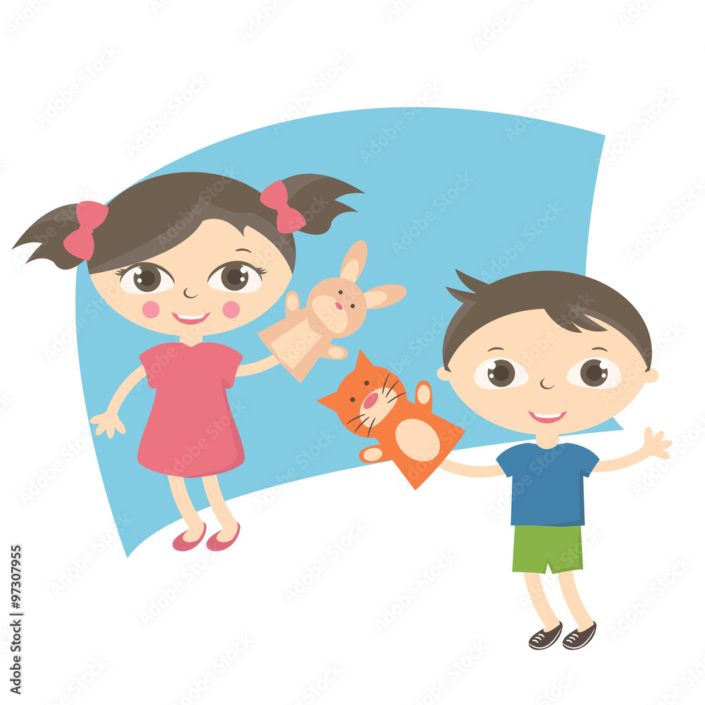 Illustration small kids with hand puppet toy. Vector Illustration small kids with hand puppet toy. Vector