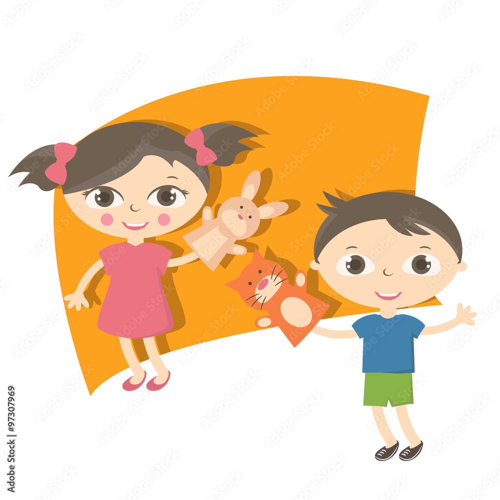 Illustration small kids with hand puppet toy. Vector Illustration small kids with hand puppet toy. Vector