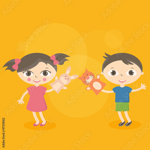 Illustration small kids with hand puppet toy. Vector