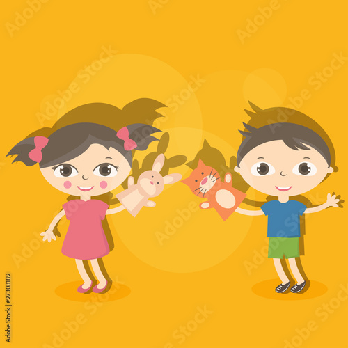 Illustration small kids with hand puppet toy. Vector