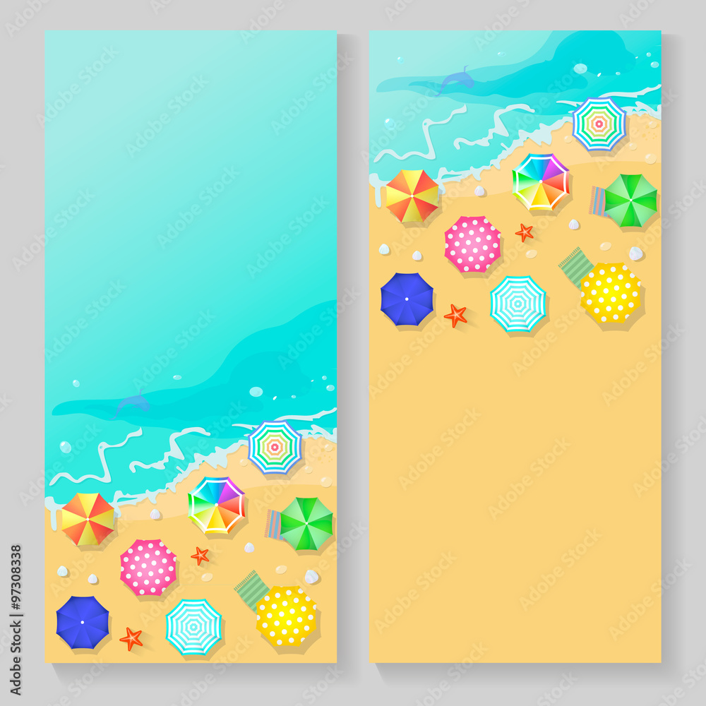  summer travel banners with beach umbrellas, waves