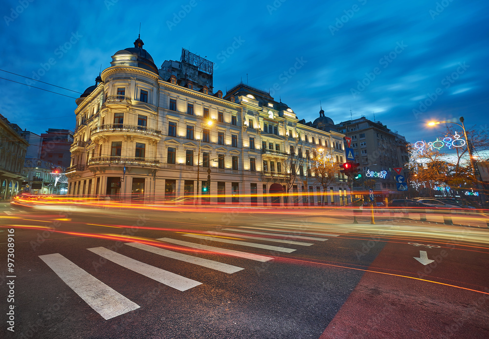 BUCHAREST, DEC 2015: Night Lights on Calea Victoriei Street, near Grand Hotel Boulevard.