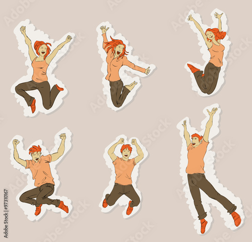 Group of colorful happy people jumping
