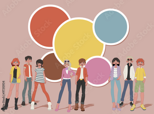 Template for advertising brochure with a group of fashion cartoon young people. Teenagers.
