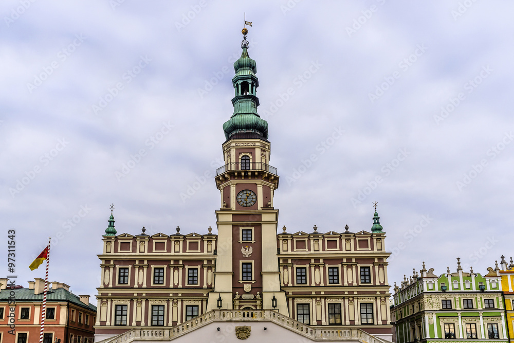 Town Hall in Great Market Square in Zamosc, Poland.