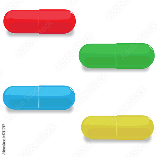 set of multicolored capsules on a white background. from each capsule falls the shadow.