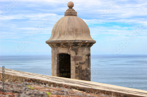Fort Sentry Box Against Blue Sky and Water Castillo de San Cristóbal, San Juan Puerto Rico.