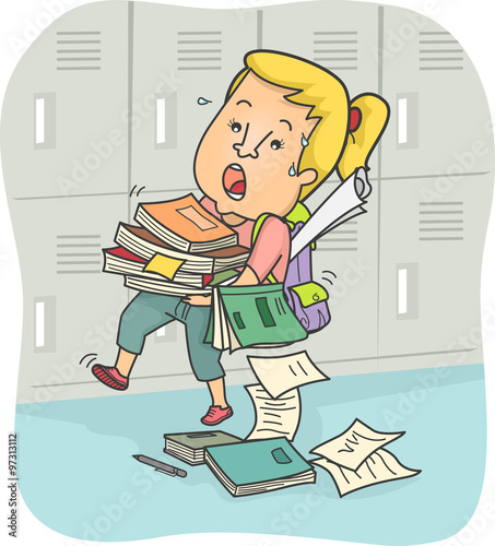 Overworked Teen Girl Student Books Falling
