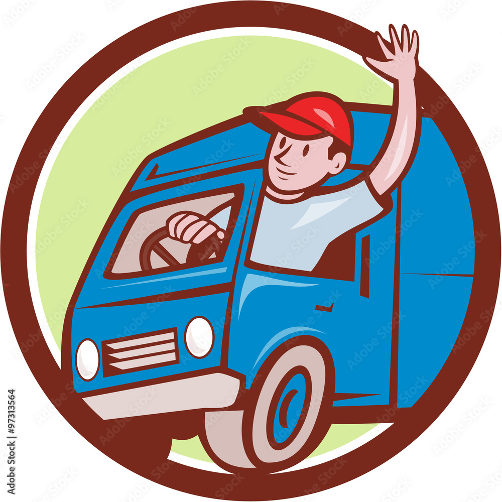Delivery Man Waving Driving Van Circle Cartoon Delivery Man Waving Driving Van Circle Cartoon