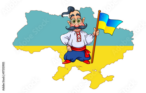 Cossack with Ukrainian flag on map background of Ukraine