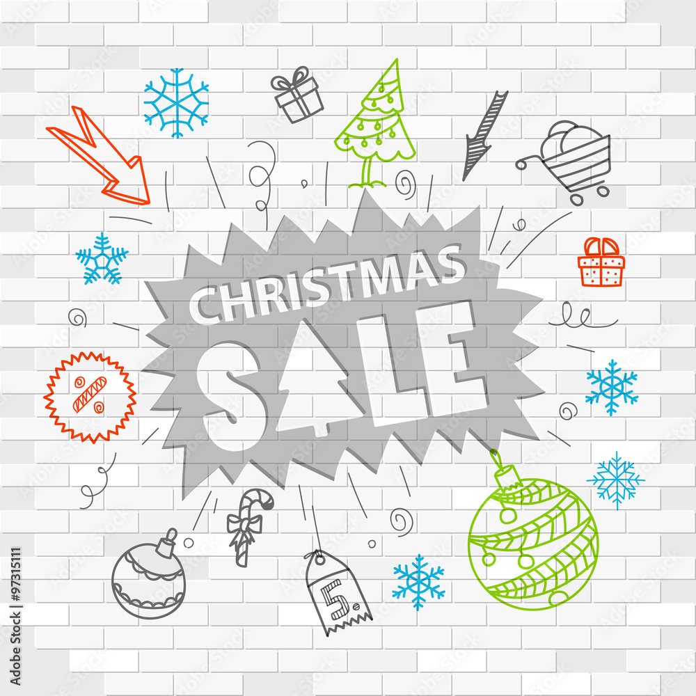 White brick wall and graffiti label. Christmas sale