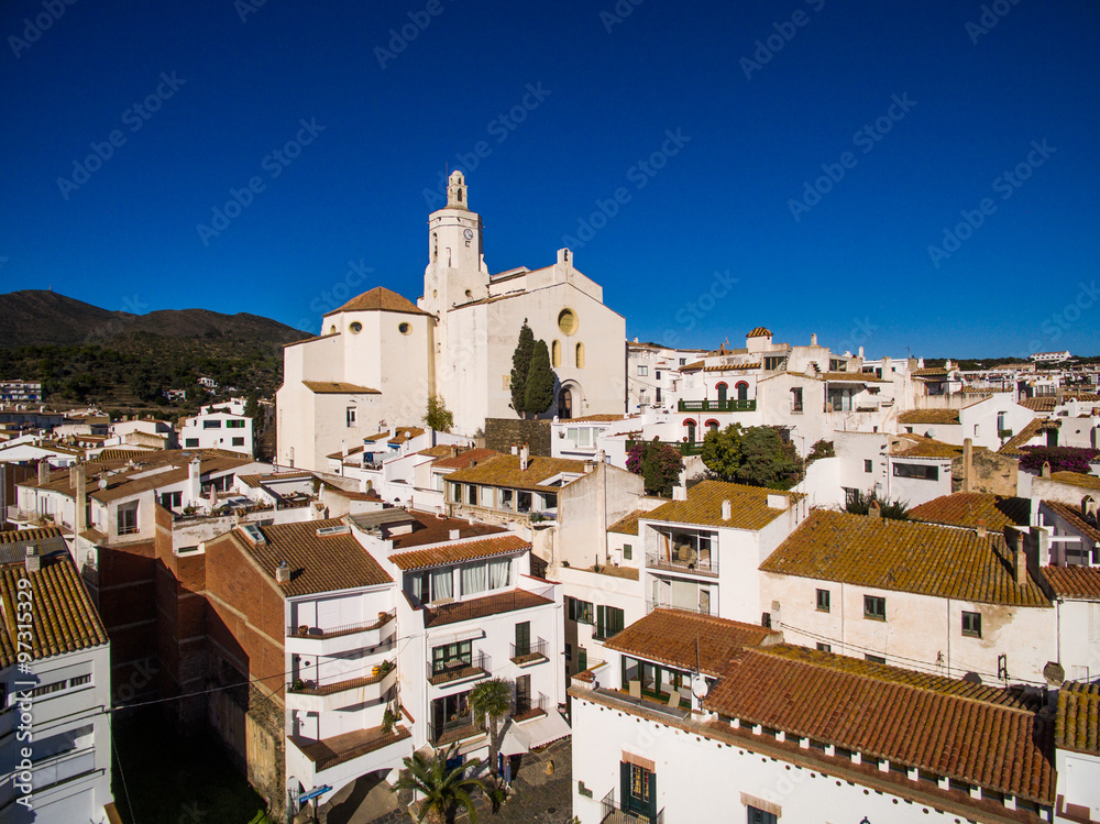Panoramic aerial flying view of Cadaques, Spain
