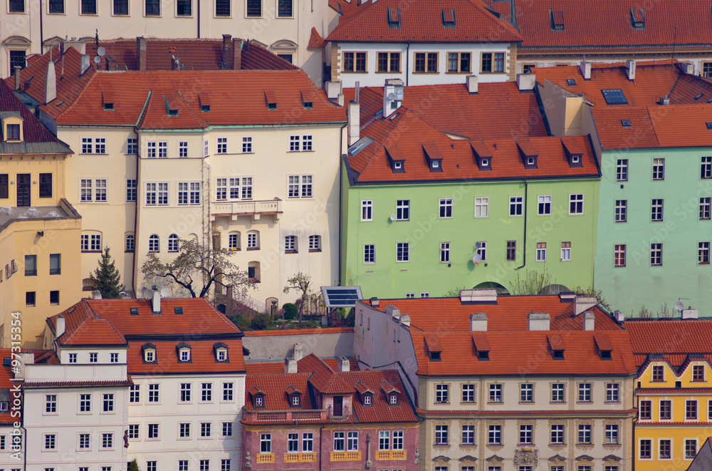 Facades of ancient buildings in Prague