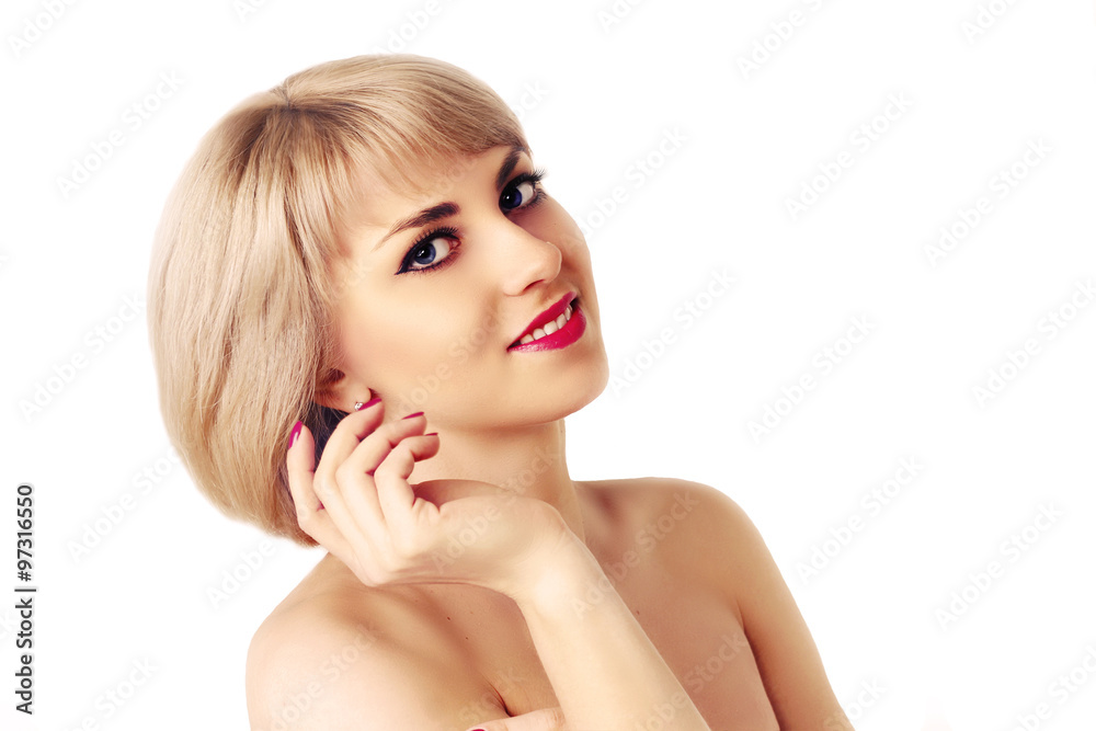 Fototapeta premium Beautiful blond model on a white background