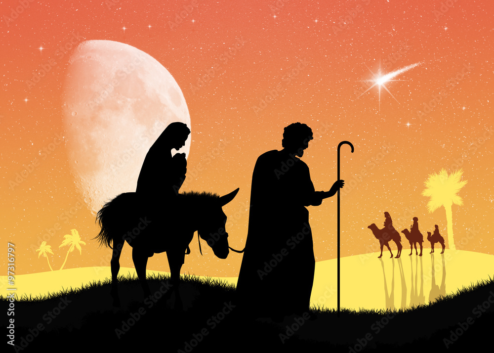 Jesus, Mary and Joseph in Bethlehem Stock Illustration | Adobe Stock